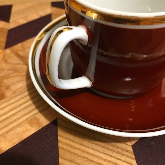 MCM Burgundy + Gold Hungarian Espresso Pot, Creamer, Sugar, Cups and Sau… - Picture 9 of 15